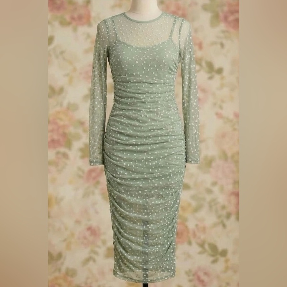 Gianni Bini Sage Green Ruched Floral Mesh Midi Dress Coquette Romantic